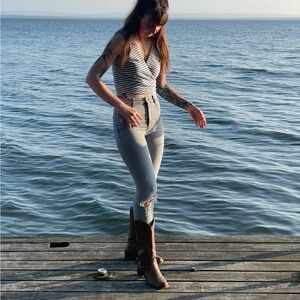 Striped Blue and White Wrap Top